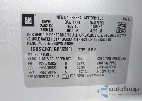 2016 Chevrolet Suburban Ltz z USA, uszkodzony, nr VIN 1GNSKJKC1GR365901